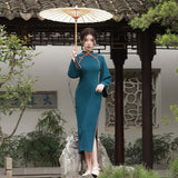Modern Chinese Qipao, Chinese Cheongsam, Blue qipao, evening Dress, Ball Gown,3/4 sleeve, mandarin collar