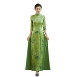 Modern Aodai, green Ao Dai, flower pattern