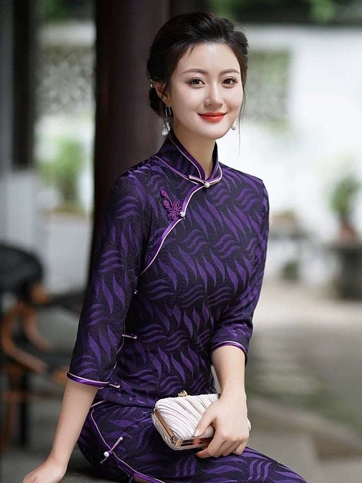 Modern Chinese Cheongsam, Evening Dress, Ball Gown, Dark Purple Color, Mandarin Collar, 3/4 Sleeve 2X