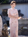 Modern Chinese Qipao, Kneelength Cheongsam Dress, pink Qipao, Evening Dress, floral qipao, gift for her, mandarin collar