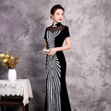 Chinese Cheongsam, Ball Gown, party qipao dress, black sequins velvet dress, Mandarin collar
