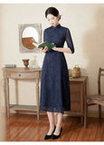 Modern Aodai, Knee length Cheongsam, navy aodai qipao