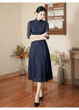 Modern Aodai, Knee length Cheongsam, navy aodai qipao