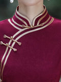 Modern Chinese Qipao, Chinese Cheongsam, wine red qipao, Ball Gown, 3/4 sleeve