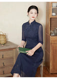 Modern Aodai, Knee length Cheongsam, navy aodai qipao