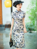 Modern Chinese Qipao, Mulberry Silk cheongsam, kneelength dress, floral color