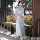 Modern Aodai, Blue aodai qipao, flower pattern