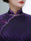 Chinese Cheongsam, Evening Dress, Ball Gown, black purple color, Mandarin collar, 3/4 Sleeve