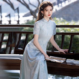 Modern Aodai, Blue aodai qipao, flower pattern