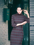 Modern Chinese Qipao, Evening Dresses, autumn qipao, plaid pattern qipao, 3/4 sleeve