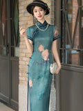 Modern Chinese qipao, Chinese Cheongsam Dress, blue floral Dress, Ball Gowns, mandarin collar