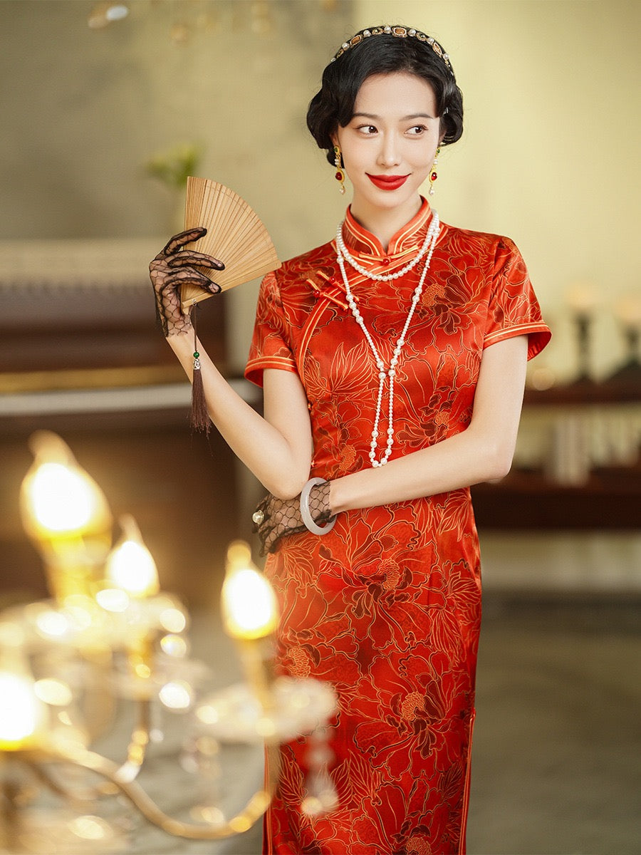 green emerald velvet dress Red Embroidered Phoenix Wedding Bridal Cheongsam Qipao Dress IMALLURE M main image 0