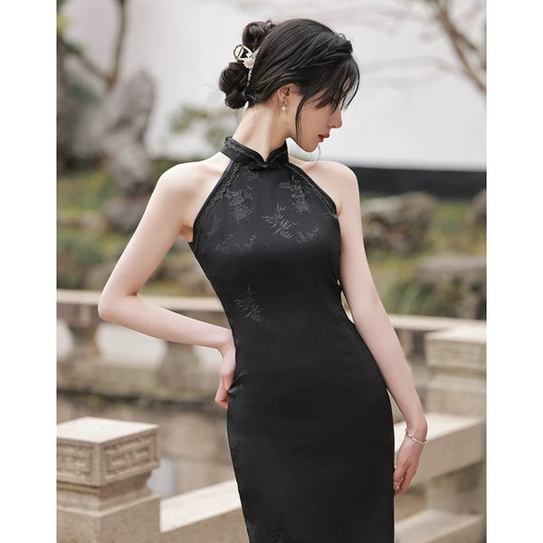 Modern Chinese Qipao, Cheongsam Dress, Evening Dress, black jacquard, minimalist qipao