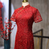 Free alteration, Chinese wedding dress, lace floral Cheongsam, Red Bridal dress, tea Ceremony, mandarin collar