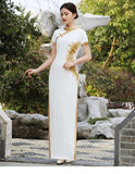 Custom make available,, Traditional Chinese dress, embroidered Cheongsam, China wedding dress, White gold color wedding qipao, minimalist design
