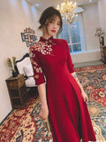 Custom make available, Chinese wedding dress, embroidered qipao, Red embroidery flower Cheongsam, Bridal dress, tea Ceremony