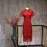 Free alteration, Chinese wedding dress, lace floral Cheongsam, Red Bridal dress, tea Ceremony, mandarin collar