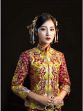 Chinese wedding dress, traditional Chinese dress, embroidered Qun Kwa, Bridal dress, tea ceremony, mandarin collar