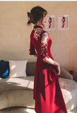 Custom make available, Chinese wedding dress, embroidered qipao, Red embroidery flower Cheongsam, Bridal dress, tea Ceremony
