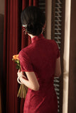 wine red Cheongsam, Bridal dress, tea ceremony