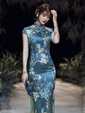 Modern Chinese Qipao, China Cheongsam, Long Qipao, Lake blue color, lotus flower prints, short sleeve, mandarin collar