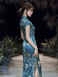 Modern Chinese Qipao, China Cheongsam, Long Qipao, Lake blue color, lotus flower prints, short sleeve, mandarin collar