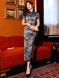 Modern Chinese Qipao, Long Cheongsam, Qipao, Evening Dress, ball gown, gray and golden color, short sleeve, mandarin collar