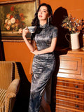 Modern Chinese Qipao, Long Cheongsam, Qipao, Evening Dress, ball gown, gray and golden color, short sleeve, mandarin collar