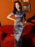 Modern Chinese Qipao, Long Cheongsam, Qipao, Evening Dress, ball gown, gray and golden color, short sleeve, mandarin collar
