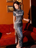 Modern Chinese Qipao, Long Cheongsam, Qipao, Evening Dress, ball gown, gray and golden color, short sleeve, mandarin collar