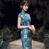 Modern Chinese Qipao, China Cheongsam, Long Qipao, Lake blue color, lotus flower prints, short sleeve, mandarin collar
