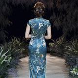 Modern Chinese Qipao, China Cheongsam, Long Qipao, Lake blue color, lotus flower prints, short sleeve, mandarin collar