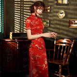 Modern Chinese Qipao, Chinese Cheongsam, Red qipao, Evening Dress, Ball Gowns, mandarin collar, golden prints