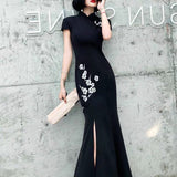 Modern Chinese Qipao, Embroidered Qipao, Black Cheongsam, Embroidery flower, music performance dress, mermaid tail, event dress