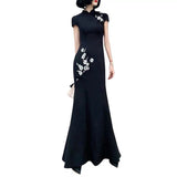 Modern Chinese Qipao, Embroidered Qipao, Black Cheongsam, Embroidery flower, music performance dress, mermaid tail, event dress