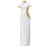 Custom make available, Traditional Chinese dress, embroidered Cheongsam, China wedding dress, White gold color wedding qipao, minimalist design