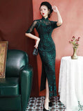 Modern Chinese Qipao, Chinese Cheongsam, Black Green Qipao, 3/4 sleeve