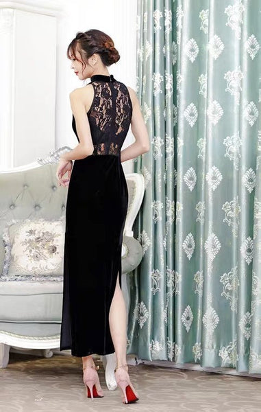 Modern Chinese Qipao, black lace velvet Cheongsam, qipao, Long Evening Dress, mandarin collar, halter neck collar