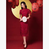 Chinese wedding dress, lace floral Cheongsam, Red Bridal dress