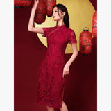 Chinese wedding dress, lace floral Cheongsam, Red Bridal dress