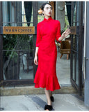 Modern Chinese Qipao, Chinese Cheongsam, red jacquard wedding qipao, Evening Dress, tea ceremony, mandarin collar, 3/4 sleeve