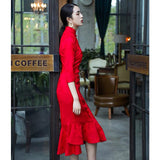 Modern Chinese Qipao, Chinese Cheongsam, red jacquard wedding qipao, Evening Dress, tea ceremony, mandarin collar, 3/4 sleeve