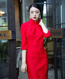 Modern Chinese Qipao, Chinese Cheongsam, red jacquard wedding qipao, Evening Dress, tea ceremony, mandarin collar, 3/4 sleeve
