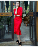 Modern Chinese Qipao, Chinese Cheongsam, red jacquard wedding qipao, Evening Dress, tea ceremony, mandarin collar, 3/4 sleeve