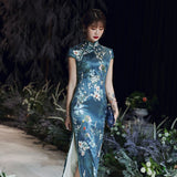 Modern Chinese Qipao, China Cheongsam, Long Qipao, Lake blue color, lotus flower prints, short sleeve, mandarin collar