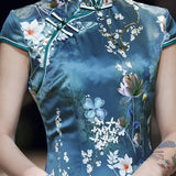 Modern Chinese Qipao, China Cheongsam, Long Qipao, Lake blue color, lotus flower prints, short sleeve, mandarin collar