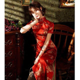 Modern Chinese Qipao, Chinese Cheongsam, Red qipao, Evening Dress, Ball Gowns, mandarin collar, golden prints