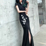 Modern Chinese Qipao, Embroidered Qipao, Black Cheongsam, Embroidery flower, music performance dress, mermaid tail, event dress
