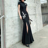 Modern Chinese Qipao, Embroidered Qipao, Black Cheongsam, Embroidery flower, music performance dress, mermaid tail, event dress