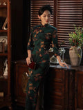 Modern Chinese Qipao,  dark green qipao, floral prints, 3/4 sleeve, mandarin collar